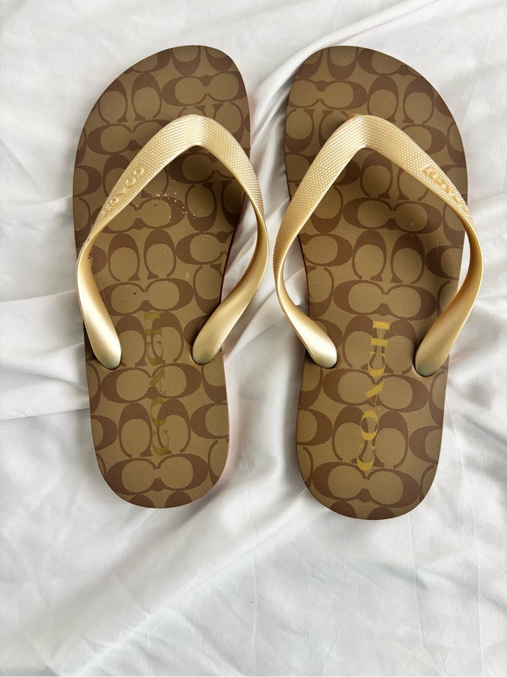 Authentic Coach Brown Logo Flip Flop Sandals with Gold Straps